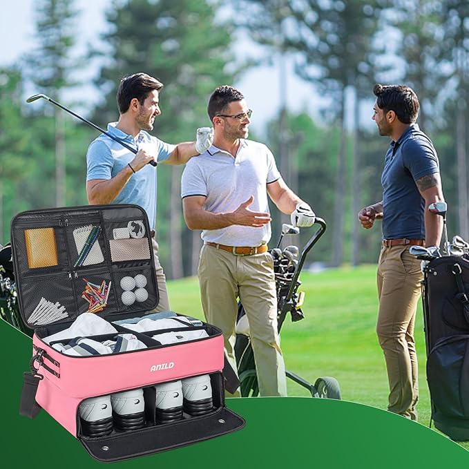 ANILD Golf Trunk Organizer, 2 Layer Golf Storage Case with Separate Ventilated Compartment for 2 Pair Shoes, for Balls, Tees,