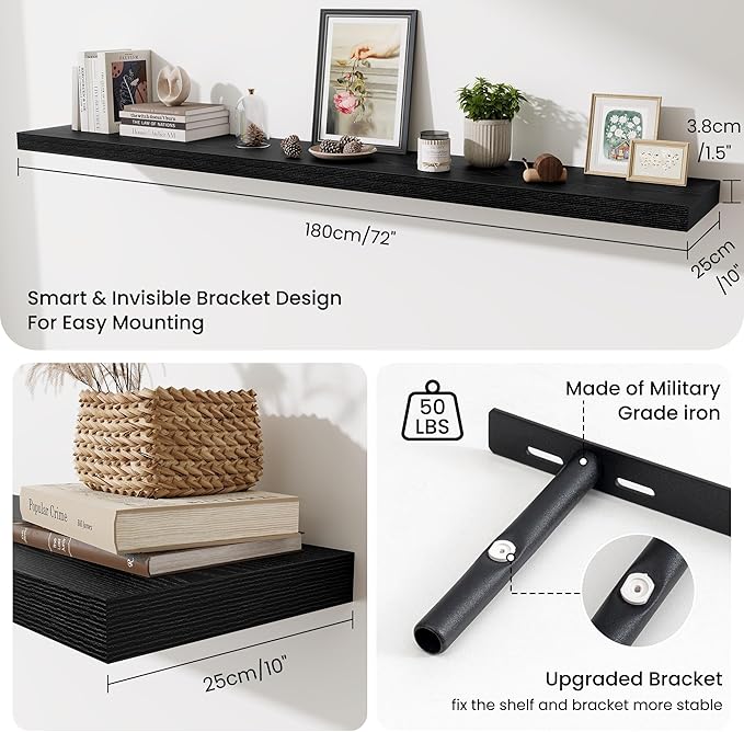 Fun Memories 72 Inch Fireplace Mantel Shelf, 10 Inch Deep Shelves for Display & Wall Storage, Rustic Wood Wall Shelf, Extra L