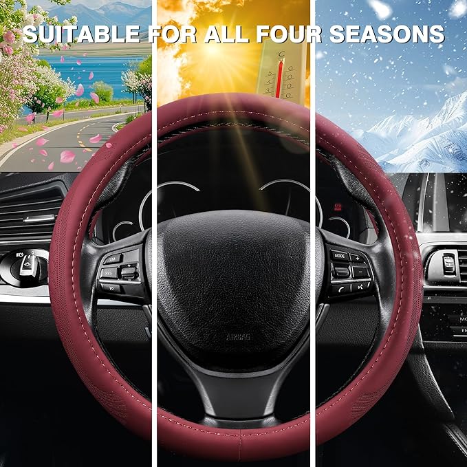 【2025 Model】 Breathable Soft Leather Car Steering Wheel Cover for Men Women, Non-Slip, Comfortable,Universal 15 inches Steeri