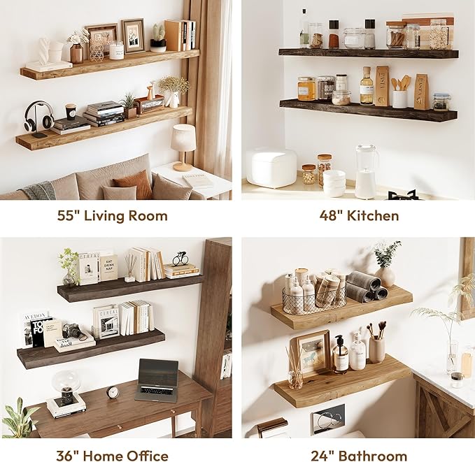 Vivelove 55 Inch Live Edge Floating Shelves Solid Wood, Elm Shelves for Wall with Invisible Bracket for Living Room Bedroom B