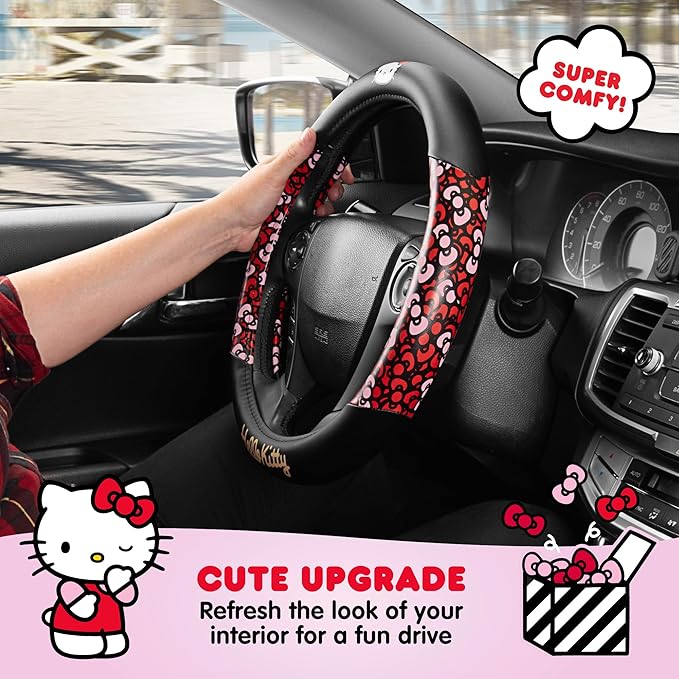 Hello Kitty Steering Wheel Cover, Official Sanrio Car Steering Wheel Cover with Universal Size 14.5-15.5, Cute Black for Women, Hello Kitty Car Accessories (Hello Kitty Bows)