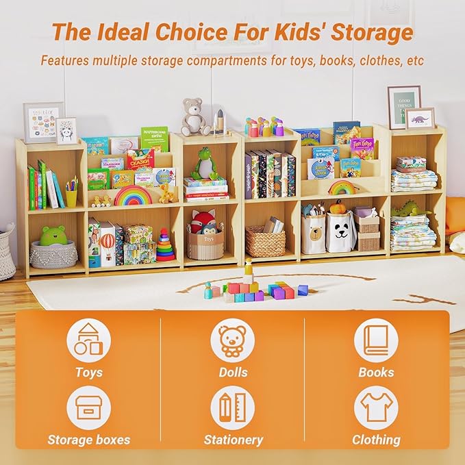 Kids Bookshelf & Toy Storage Organizer, 2-Tier Horizontal Wooden Shelf with 5 Open Compartments and Front Book Display, Low H