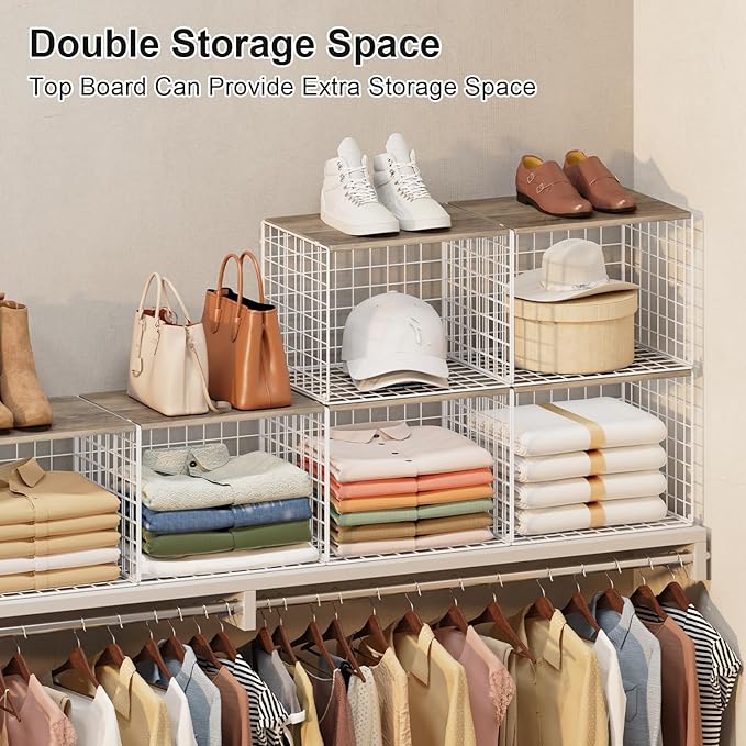 6 Pack Closet Organizers And Storage, Stackable Closet Shelf Organizer Storage Bin Basket For Clothes Sweaters With Top Board