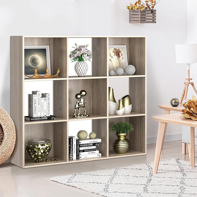 SUPER DEAL 9 Cube Open Shelf Bookcase, 3 x 3 Storage Organizer Shelf with 5 Removable Back Panels Wood Bookshelf System Displ