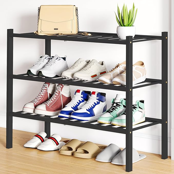Smiry Shoe Rack, 3 Tier Bamboo Shoe Organizer, Stackable Free Standing Wooden Shoe Storage Shelf for Closet, Entryway, Front 
