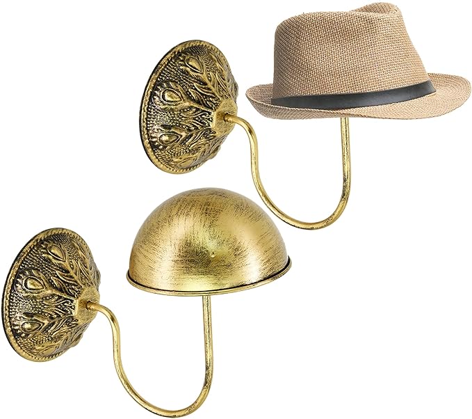 Owlgift Wall Mount Hat Racks Set of 2 - Vintage Gold Iron Hat Holders - Heavy Duty Wall Mounted Display Stand for Baseball Ca
