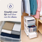 HOMZ Drawer Tower, 3-Tier Rolling Storage Cart with Removable Wheels, White Frame – Plastic Organizer with Clear Bin Drawers 