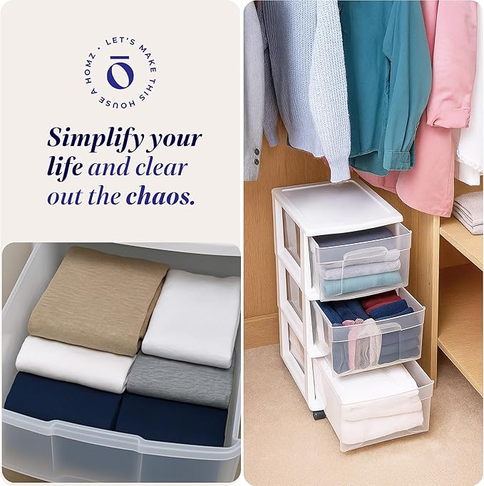 HOMZ Drawer Tower, 3-Tier Rolling Storage Cart with Removable Wheels, White Frame – Plastic Organizer with Clear Bin Drawers 