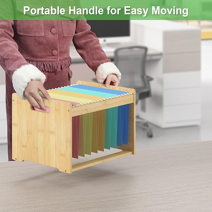 Hanging File Organizer Box for Letter Size, 2 Pack Bamboo File Folder Organizer, Storage Moving Boxes with Handle Wood Desk F