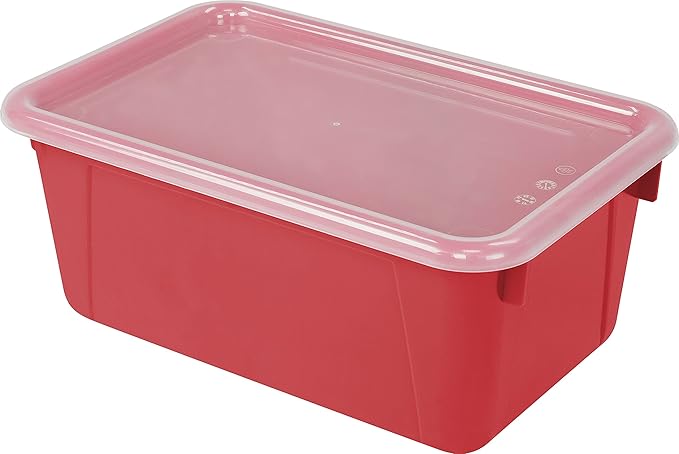 Storex Small Cubby Bins – Plastic Storage Containers for Classroom with Non-Snap Lid, 12.2 x 7.8 x 5.1 inches, Red, (62407U05