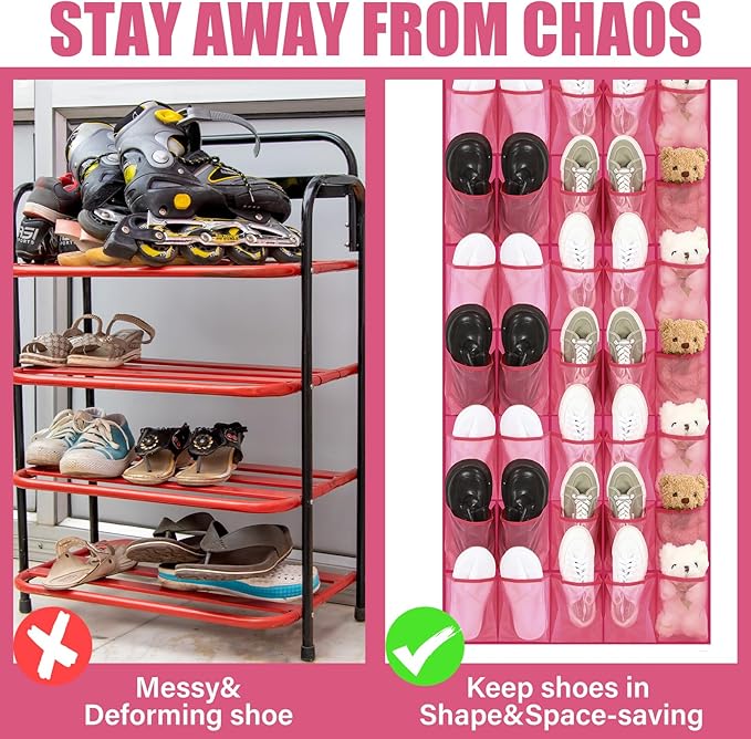 Windyun 40 Over the Door Shoe Organizer Large Mesh Pocket Hanging Shoe Rack for Closet Rose Red Nonslip Behind Door Storage H