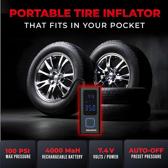 POCKET AIR Tire Inflator Portable Air Compressor by Bullseye Pro for Tires, Balls, Bike with Persta Valve, Auto Shut Off, Inflates in 2 Min, Cordless Rechargeable 4000MAH,100 PSI, SoS Light