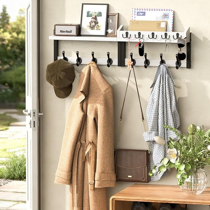 35'' White Coat Rack Wall Mount with Shelf, Solid Wood Coat and Key Hanger with 13 Metal Hooks, Farmhouse Wall Organizer for 