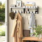 35'' White Coat Rack Wall Mount with Shelf, Solid Wood Coat and Key Hanger with 13 Metal Hooks, Farmhouse Wall Organizer for 