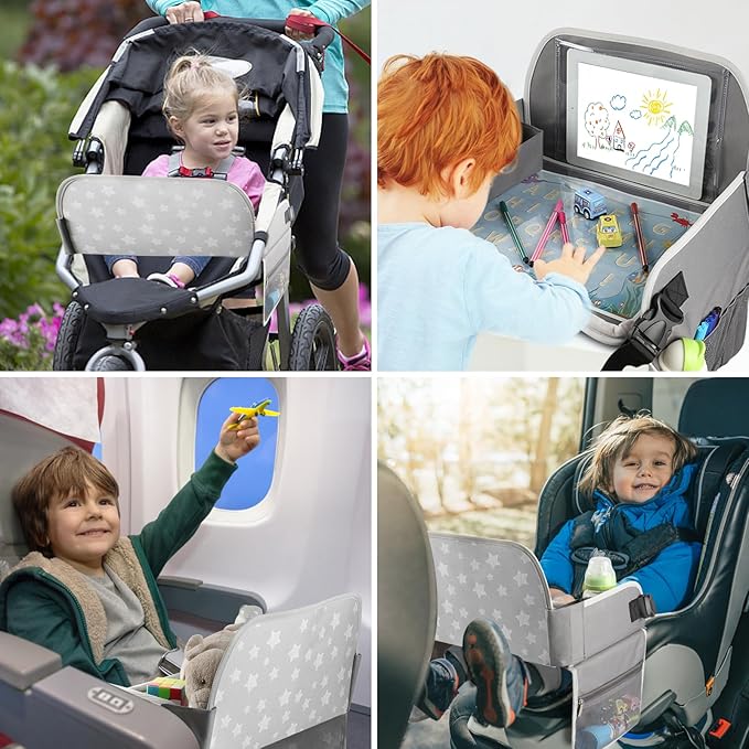 MENZOKE Kids Travel Tray for Boys or Girls, Travel Tray for Kids Car Seat with Tablet Holder, Dry Erase Board & Cooler Cup Ho