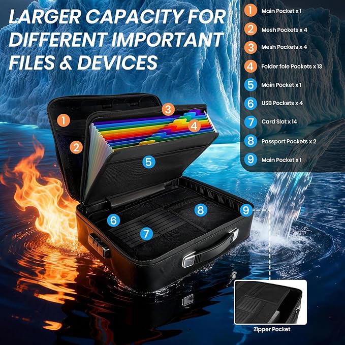 Fireproof Document Box, Hard Case Fireproof File Organizer Box with Lock and 13 Pocket Accordion File Folder, Portable Safe B