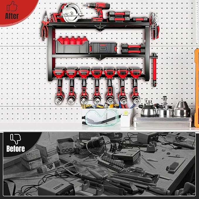 Power Tool Organizer Wall Mount, 150Lbs 3 Layer Metal Tool Storage Rack with 7 Cordless Drill Holder Heavy Duty, Battery Dril