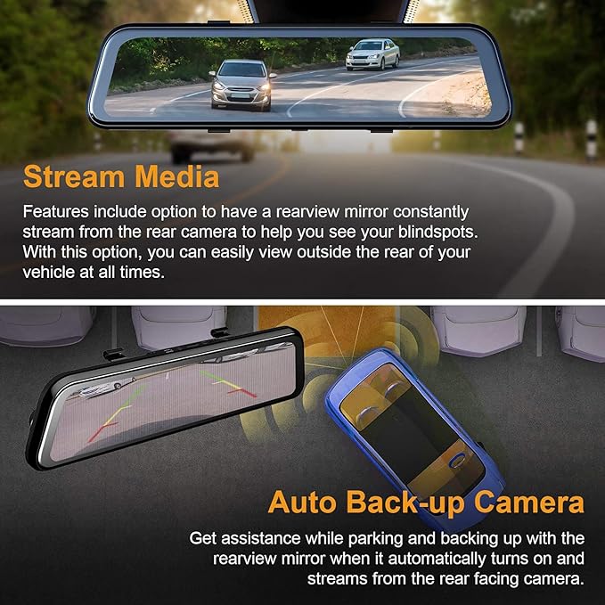 REXING M2 Smart BSD ADAS Dual Mirror Dash CAM 12” IPS Touch Screen, 1080p (Front+Rear),GPS,Stream Media, Parking Monitor, Nig