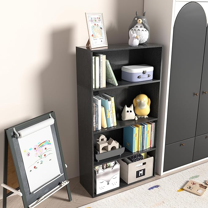 4 Tier Book Shelf, 4 Cube Storage Organizer,4 Tier Low Bookcase Storage Display Organizer, 44 Inch Versatile Cubes Shelf and 