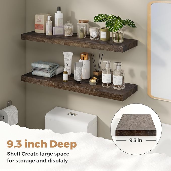 RICHFOCUS Elm Floating Shelves for Wall - 36" W x 9.3" D Rustic Solid Wood Shelves with Invisible Bracket, Wall-Mounted for L