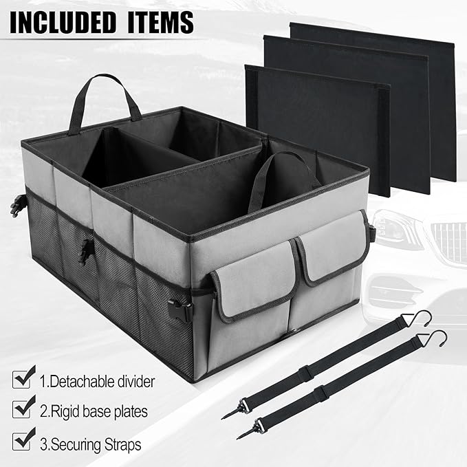 UYYE Auto Collapsible Trunk Organizer, 3 Large Compartments and 6 Pockets Durable for Cargo Storage, Easy to Storage Tools With