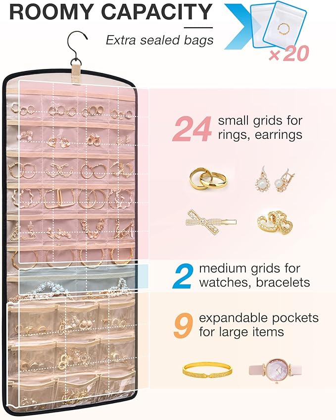 BAGSMART Hanging Jewelry Organizer, Necklace Holder Anti-tangle Earrings Rings Hanger with 20 Jewelry Bags Travel Storage Rol