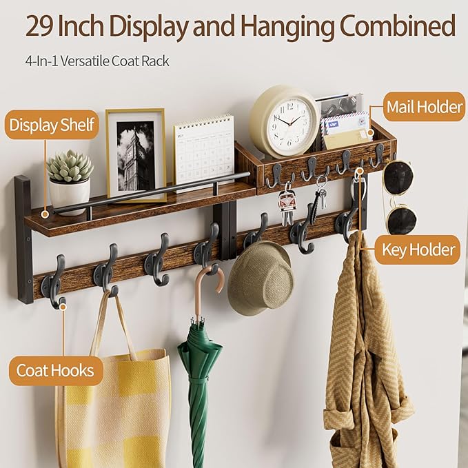 29 inch Coat Rack Wall Mount with Shelf, Set of 2 Entryway Wall Shelf with Hooks, Heavy Duty Coat Hanger Wall Mount with Key 