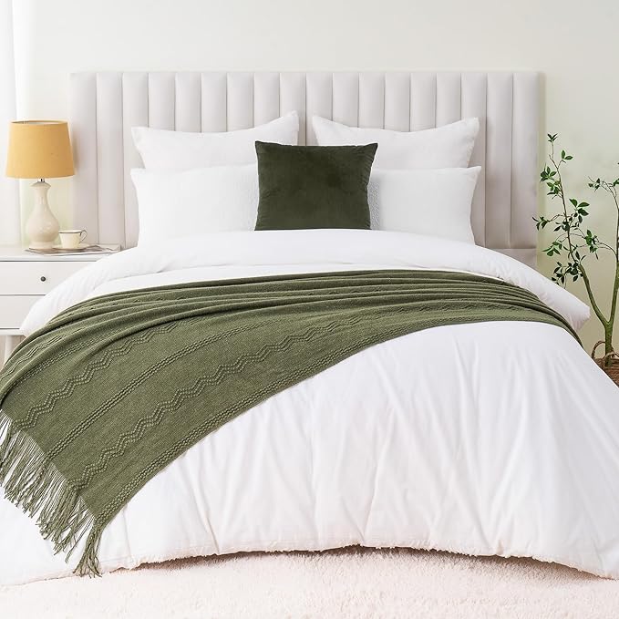 BATTILO HOME Olive Green Throw Blanket for Couch, Soft Army Green Blanket with Tassels for Home Decor, Decorative Knitted Thr