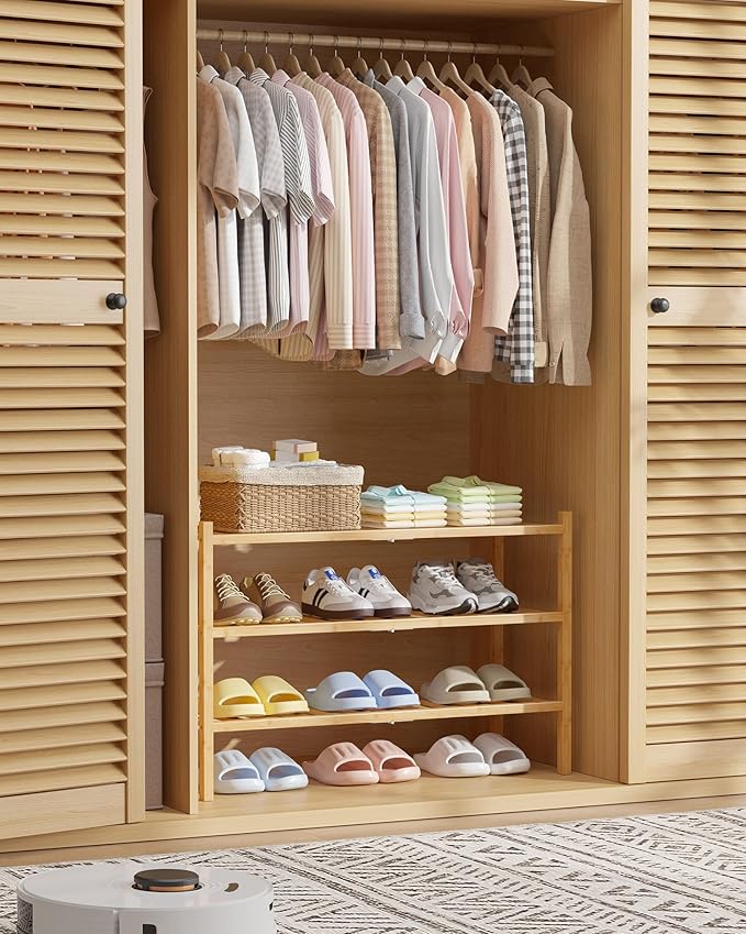 Kitsure Bamboo Wooden Shoe Rack for Closet - Stackable Shoe Organizer with Modular Structure, Space-Saving Shoe Shelf for Ent