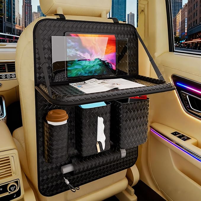 Car Back Seat Organizer, Black Woven Leather Storage Bag, Multifunctional Rear Seat Protector with Tablet Holder, 25.2x17.7 Inches, Abrasion Resistant (black)