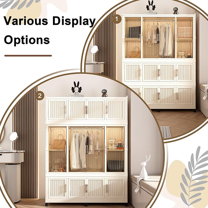 Portable Closet Storage with Magnetic Doors and Wheels, Foldable Armoire Wardrobe Closet with 1 Hanging Rod, 12 Cubes and 6 H
