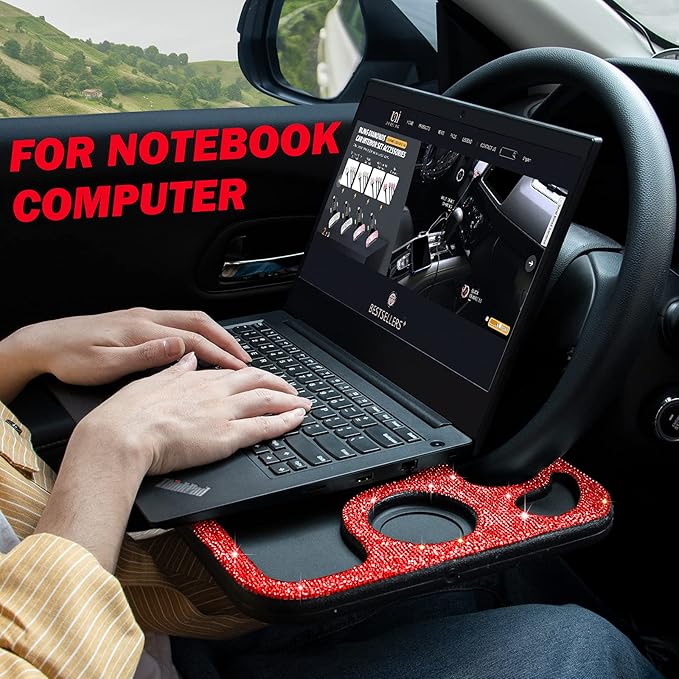 eing Bling Auto Steering Wheel Desk, Laptop,Tablet, Notebook Car Travel Table, Food Eating Hook On Steering Wheel Tray, for Constant Travelers, Fits Most Vehicles Steering Wheels,Red