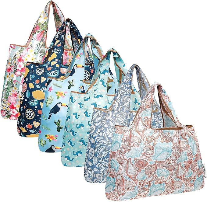 allydrew Large Foldable Tote Nylon Reusable Grocery Bags, 6 Pack
