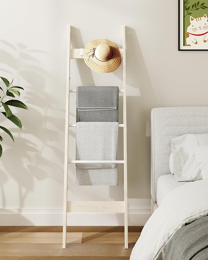 Hzuaneri Blanket Ladder Shelf for Living Room, Decorative Quilt Rack with 4 Removable Hooks, 5-Tier Farmhouse Ladder Holder O