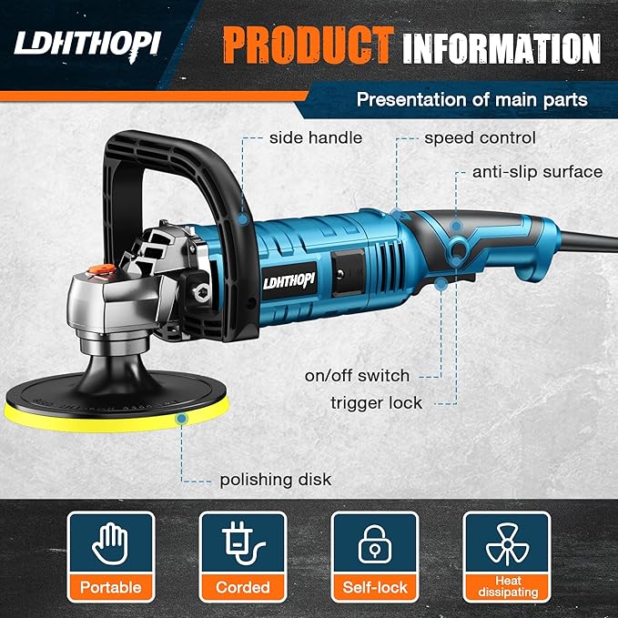 LDHTHOPI Buffer Polisher, 1600W 7 Inch/6 Inch Rotary Buffer Polisher Waxer, 7 Variable Speed 1000-3500 RPM, Detachable Handle for Car, Boat Sanding, Polishing, Waxing
