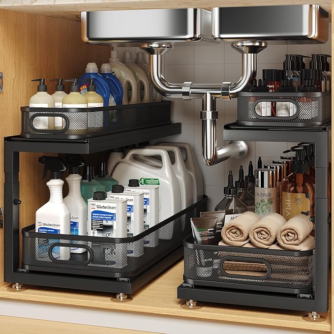 2-Pack 21.3 IN Depth Under Sink Organizer With Next-Gen Ball-Bearing Slides,Sophisticated Mesh 2-Tier Pull Out Shelf for Kitc