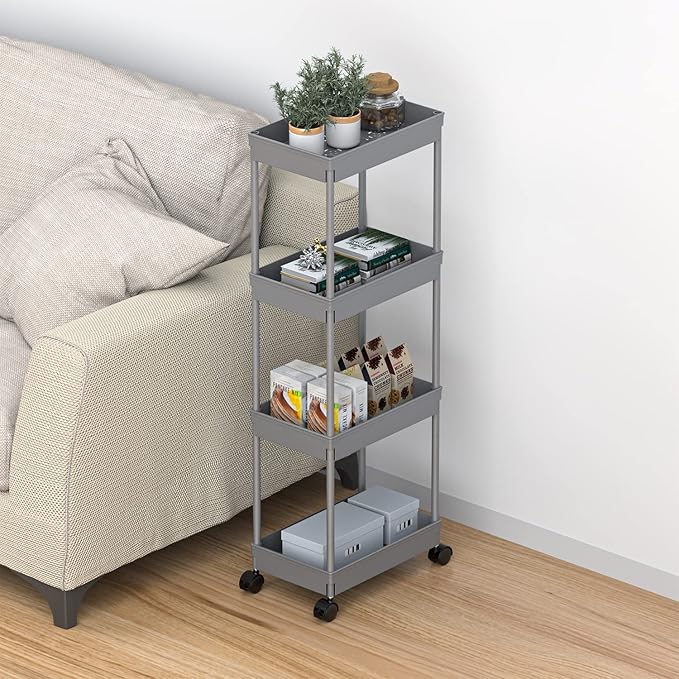 Sooyee 4 Tier Wide Storage Cart Mobile Shelving Unit Organizer Slide Out Storage Rolling Utility Cart Tower Rack for Kitchen 