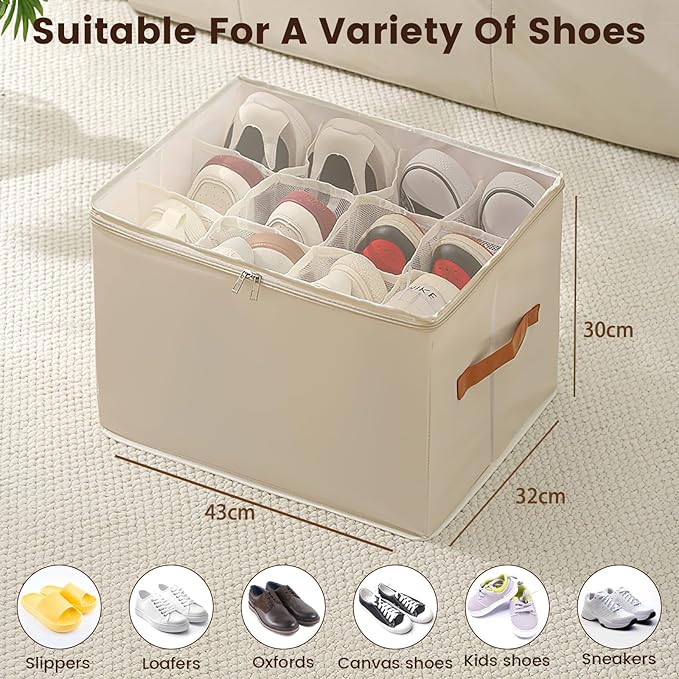 2 Pack Shoe Organizer for Closet, Large Shoe Box Storage Containers, Foldable Shoe Storage Organizer Box Bin with Adjustable 