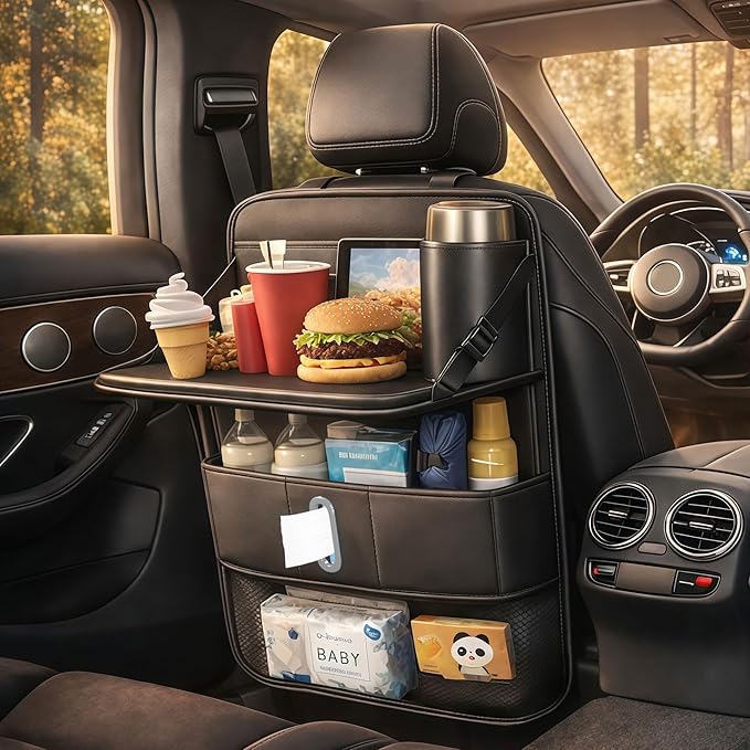 1 Pack Backseat Car Organizer, Large Capacity with Adjustable Foldable Table Tray, Waterproof PU Leather Back Seat Storage with Touch Screen Tablet Holder, Car Travel Essentials, Obsidian Black