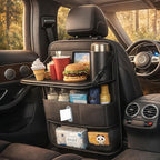1 Pack Backseat Car Organizer, Large Capacity with Adjustable Foldable Table Tray, Waterproof PU Leather Back Seat Storage with Touch Screen Tablet Holder, Car Travel Essentials, Obsidian Black