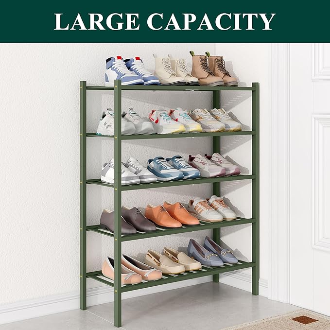 Smiry Bamboo Shoe Rack for Closet, 5 Tier Wooden Stackable Shoe Organizer, Free Standing Shoes Storage Shelf for Entryway, Fr