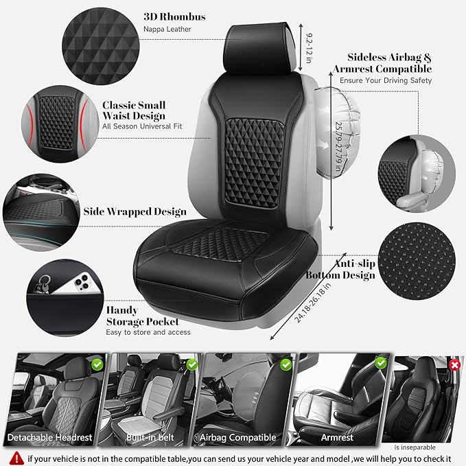 CAR PASS 2Pack Front Car Seat Covers Leather Memory Foam Water Proof Seat Protector Universal Fit for Cars SUVs Trucks Most V