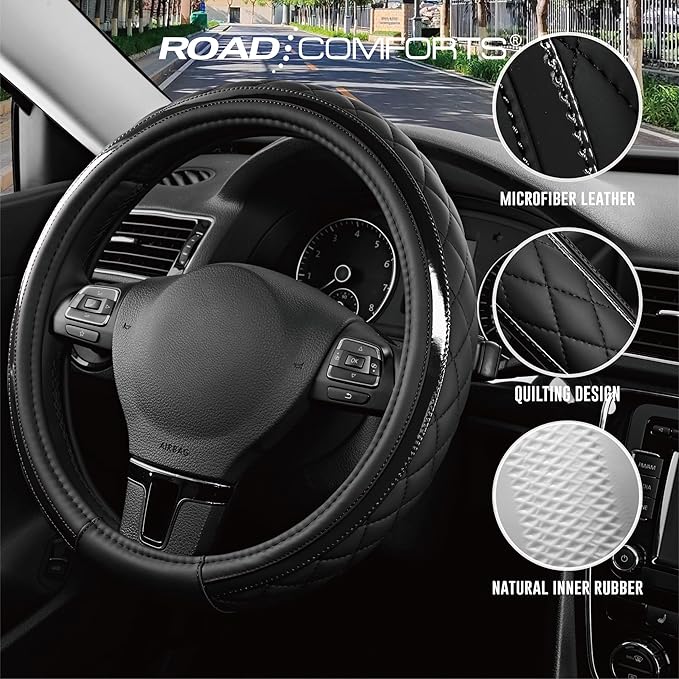 Road Comforts Leather Steering Wheel Cover – Black & Black, Universal Fit 14.5-15 Inch, Microfiber Leather, Anti-Slip & Breat