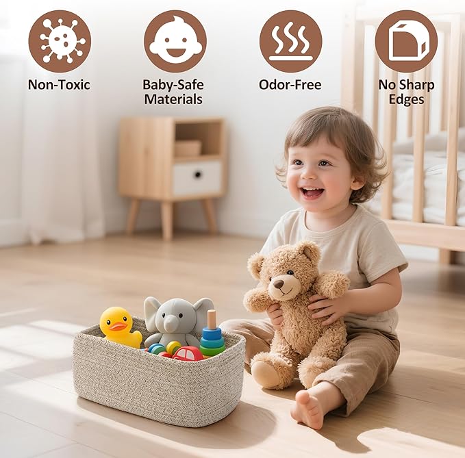 5-Pack Small Woven Rope Storage Baskets – 2 Sizes Organizer Bins for Closet, Shelf, Bookshelf, Nursery, Changing Table, Fabri