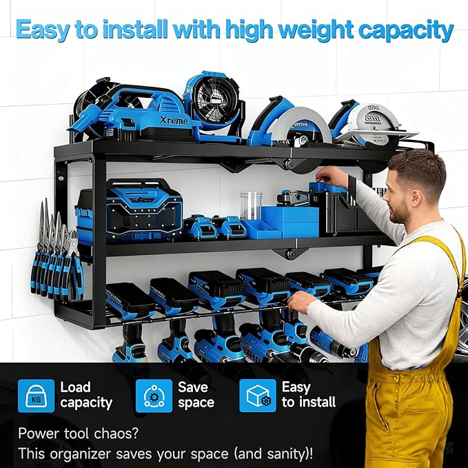 Heavy Duty Power Tool Organizer Wall Mount - 3 Tier Metal Tool Rack with 7 Drill Holders, 300LB Capacity for Garage, Workshop