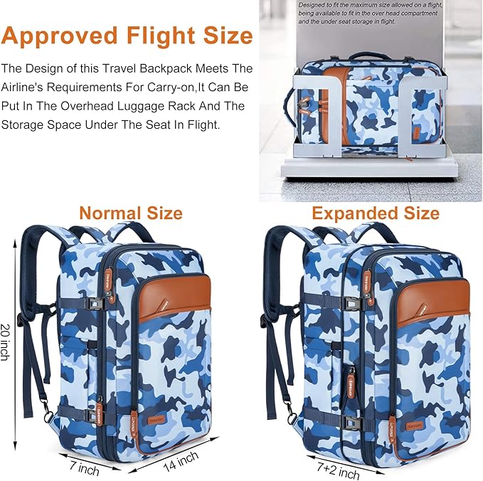 Lumesner Carry on Travel Backpacks, Extra Large 40L Flight Approved for Men & Women,Expandable Suitcase backpack (Camouflage 