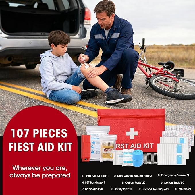 Roadside Car Emergency Kit, Winter Car Safety Kit with 10FT Jumper Cables, Tow Strap, Tool Kit, Reflective Warning Triangle, 