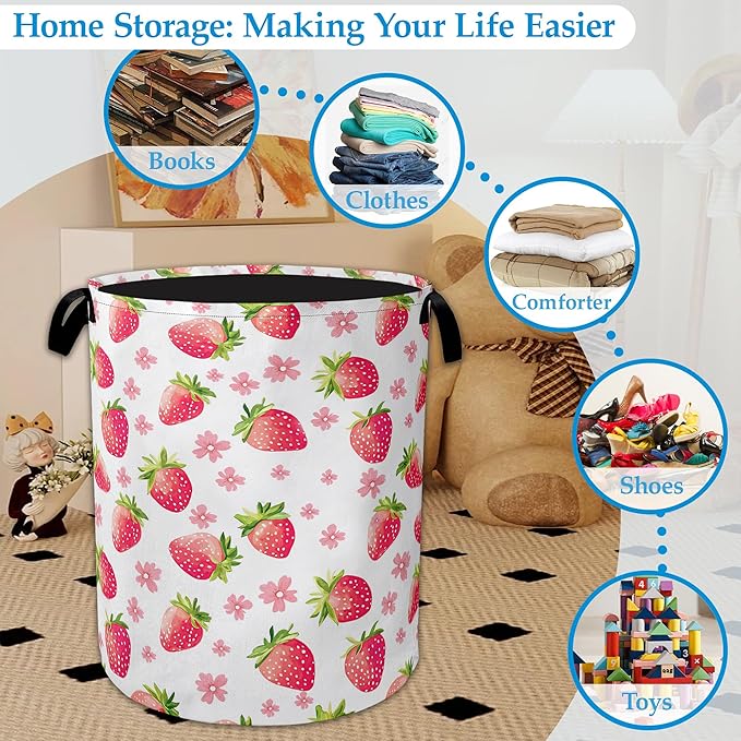Straberry Flower Laundry Basket Collapsible Laundry Hamper Clothes Toy Storage Bin for Bathroom Bedroom Room Decor 16" X 20.8