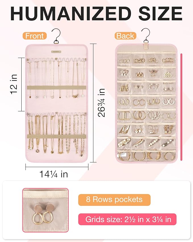 BAGSMART Hanging Jewelry Organizer Storage Roll with Hanger Metal Hooks Double-Sided Jewelry Holder for Earrings, Necklaces, 