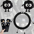 Car Headrest Pillow & Steering Wheel Cover Set with Cute Big-Eyed Furball Travel Neck Support Pillow Fur Car Interior Accessory (Black 5Pcs Set)